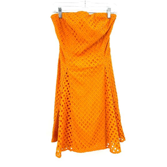 ANTHROPOLOGIE Maeve Orange Strapless Eyelet Smocked Pleated Knee Length Dress 4 - Picture 1 of 8